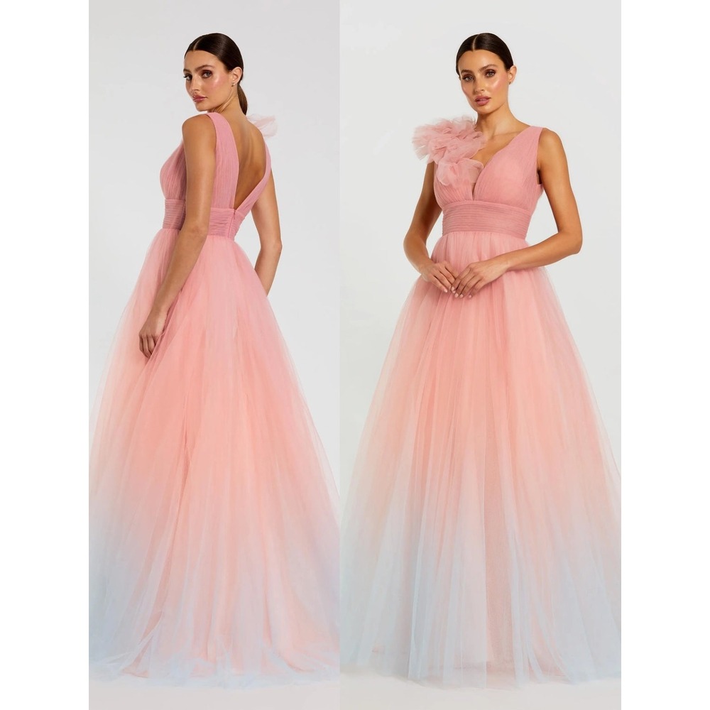 Mac Duggal Pink to Light Blue Ombre Tulle Maxi Gown